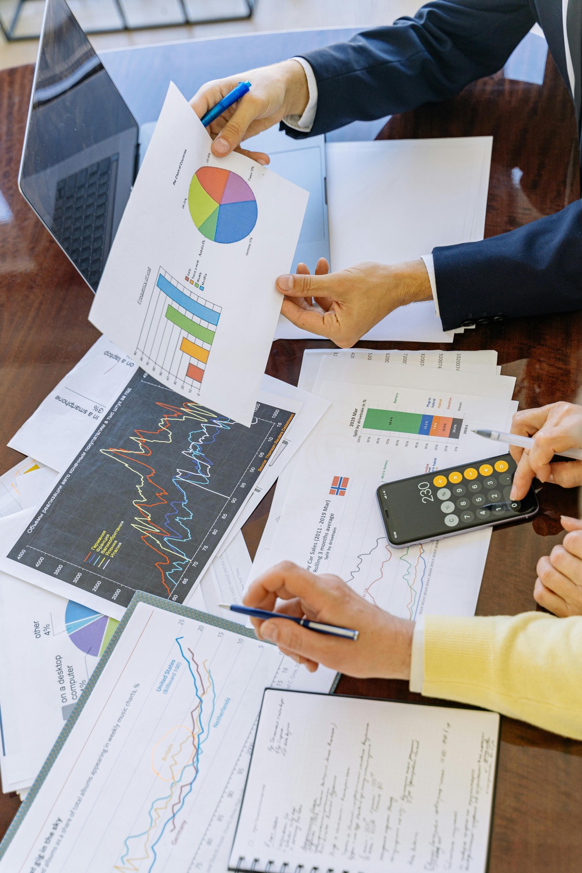 Portfolio documents with charts and calculator